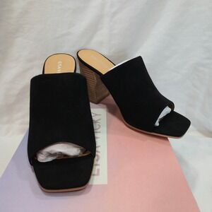 Lisa Vicky Virtue V Black Kid Suede Square Toe Heeled Mules Slides Size 7.5M